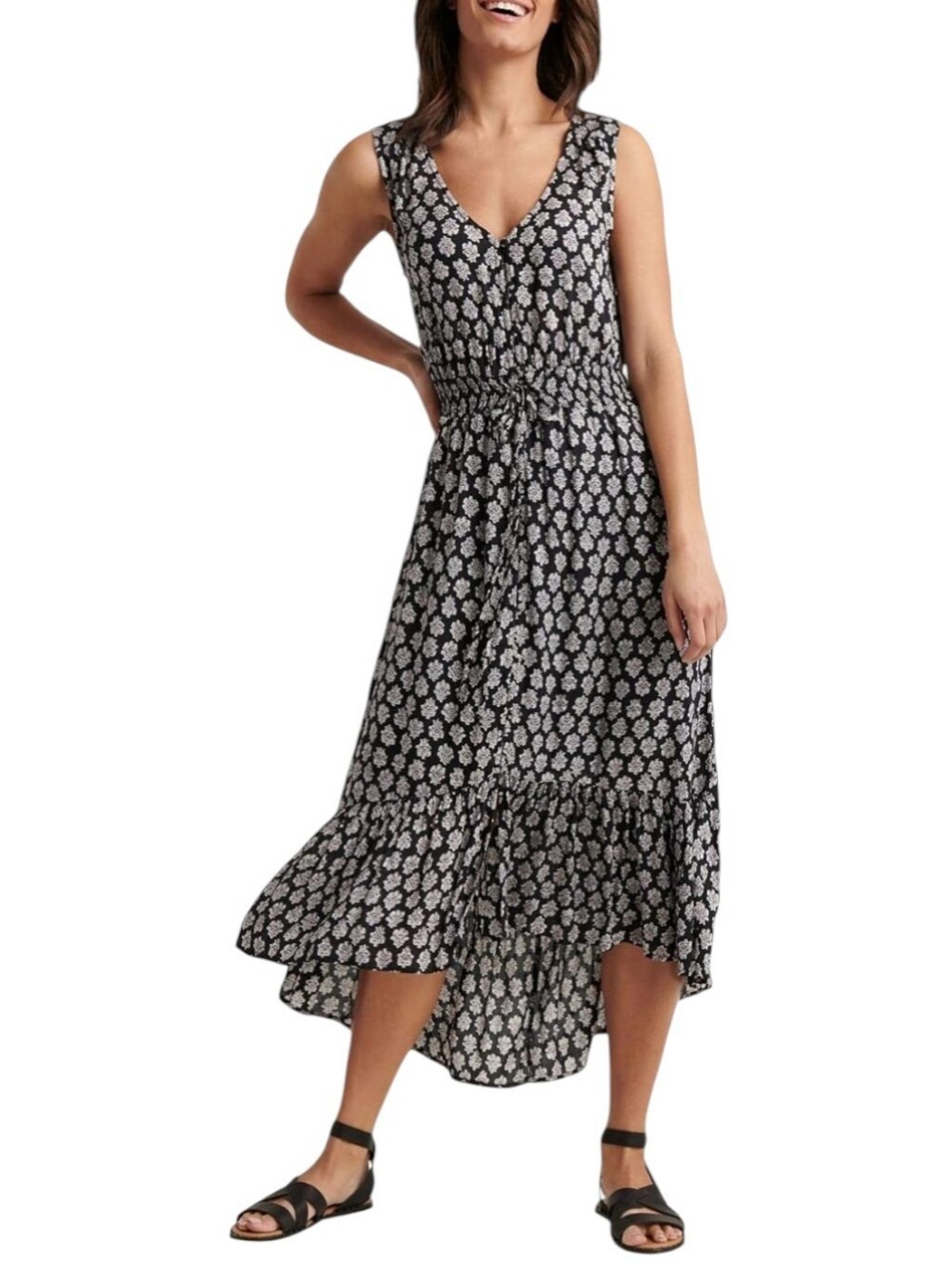 Lucky Brand Midi Dress Size Small Black & White Floral Felice Summer Dress